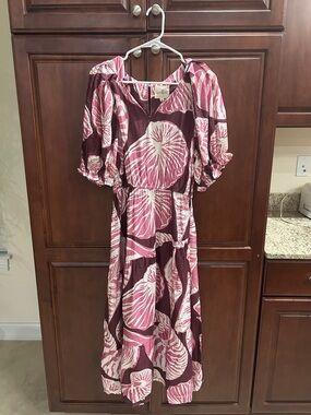 Umgee Rose & Maroon Rayon Floral Puff-Sleeve Midi Dress